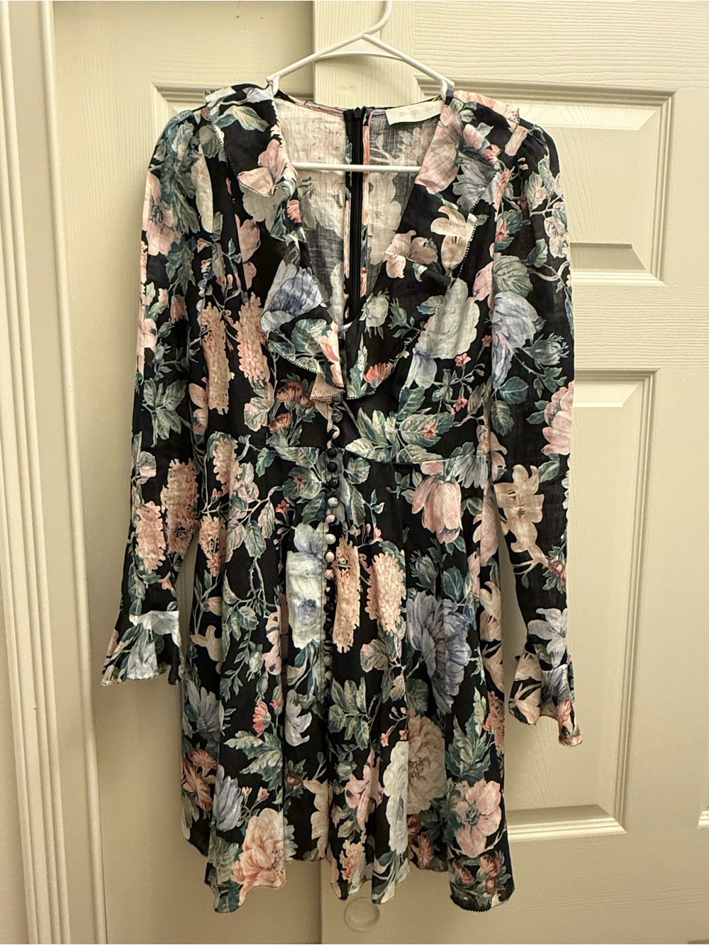 Zimmerman Floral Ruffle V-Neck Mini Dress in Black and Pastel